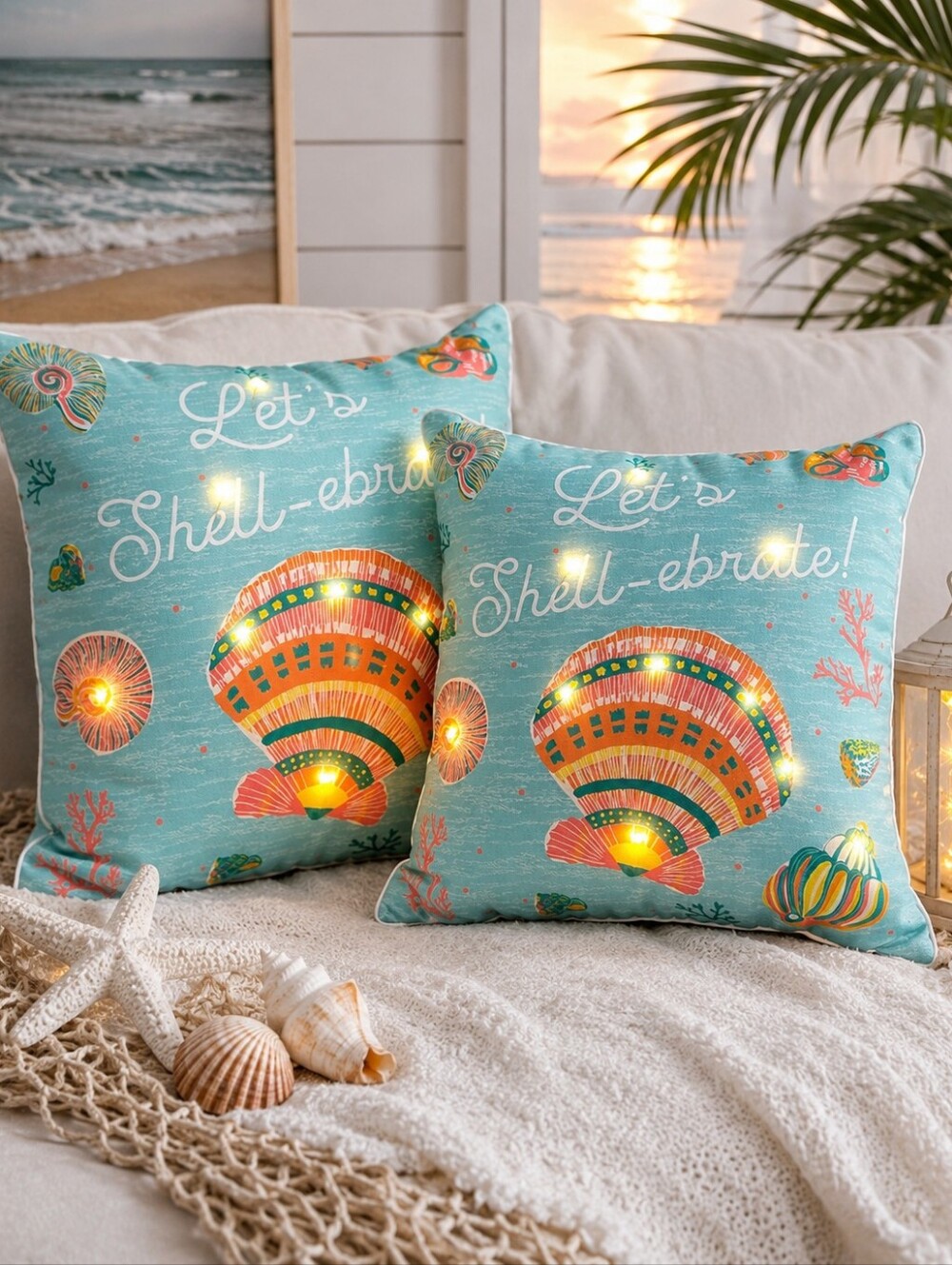 Coastal Light-Up Throw Pillow – "Let's Shell-ebrate!" LED Accent Pillow 20x20